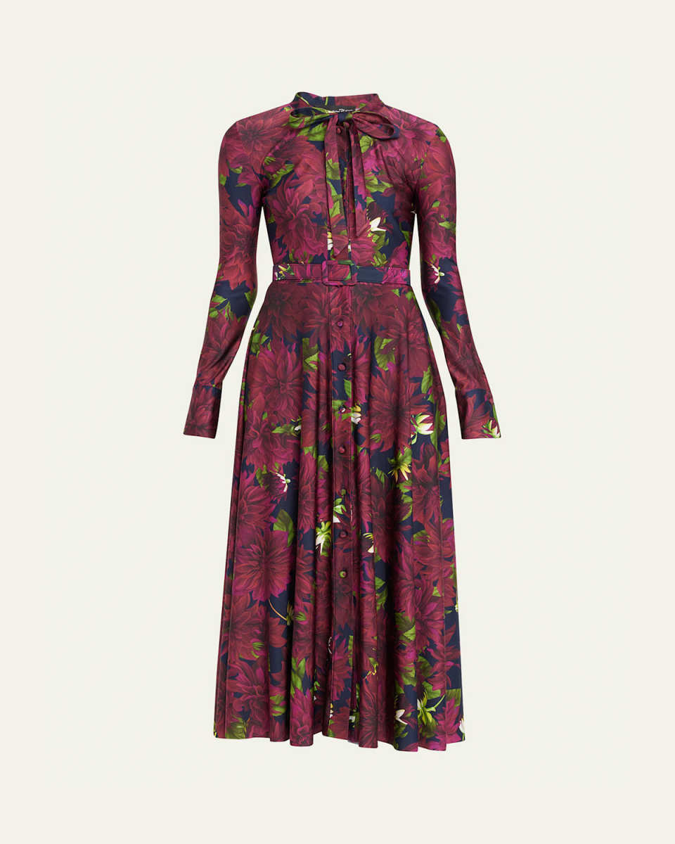 Dhalia Floral-Print Belted Tie-Neck Midi Dress